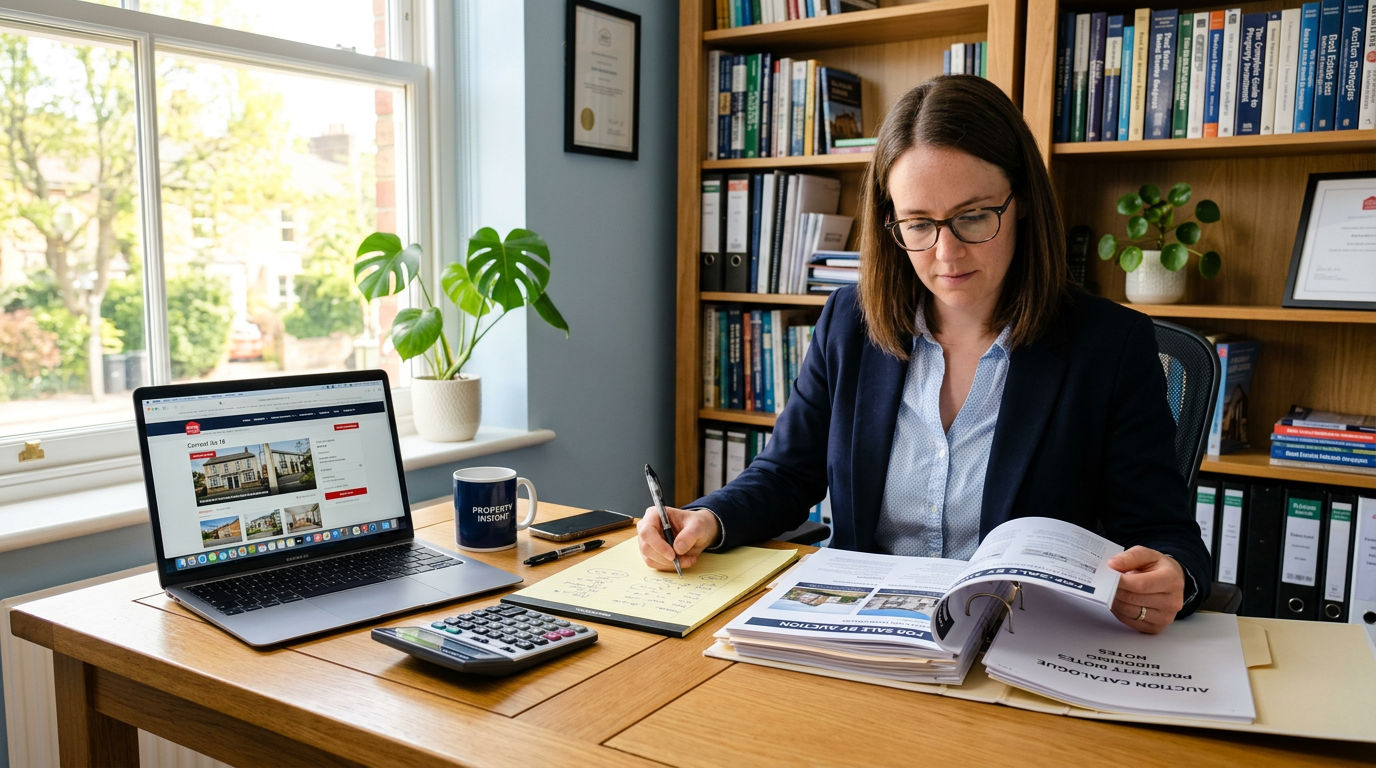 A person reviewing property auction documents with a calculator and a laptop.