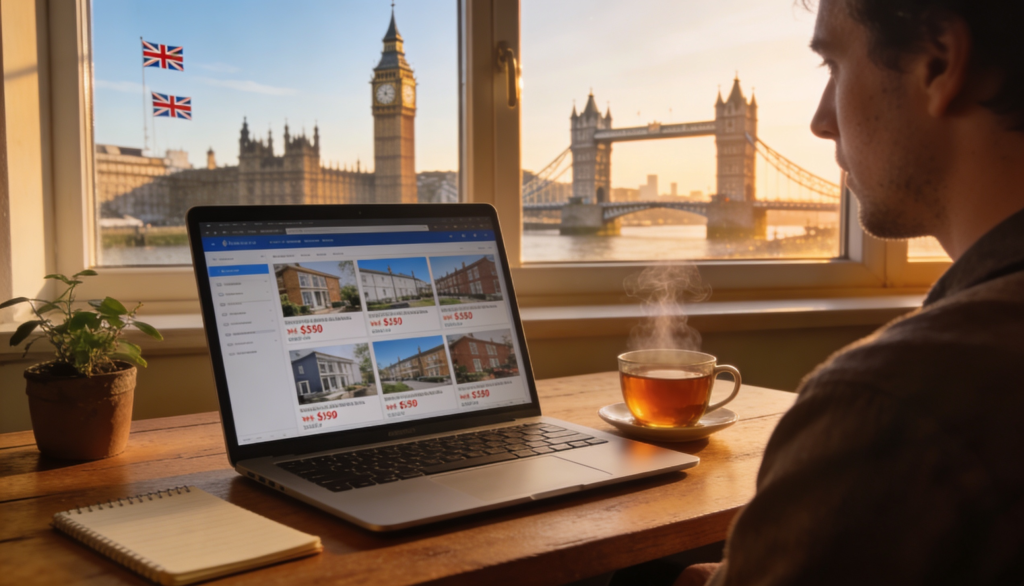 A person reviewing property listings on a laptop with UK landmarks in the background.