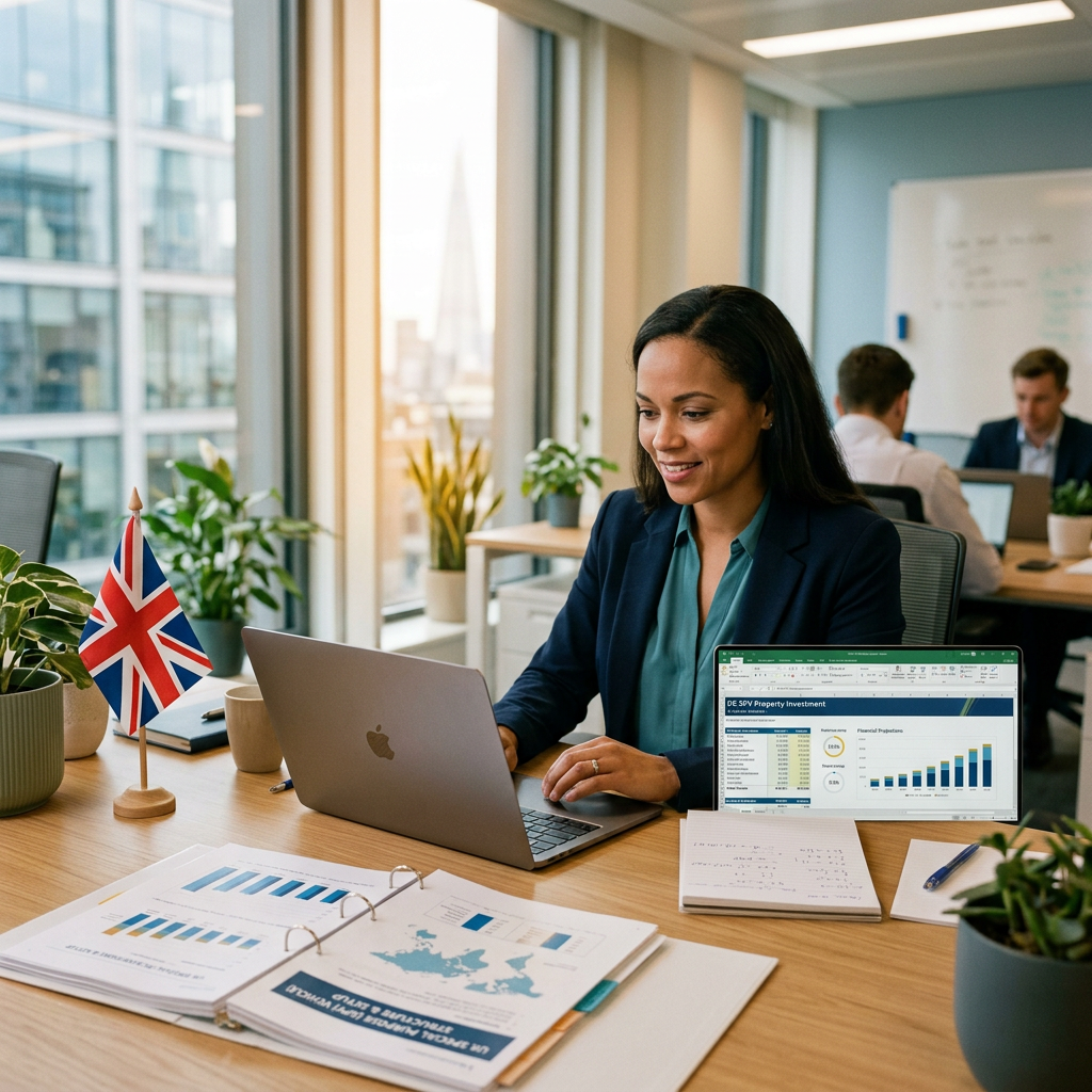 A person setting up a UK SPV for property investment, with a laptop, paperwork, and a UK flag.