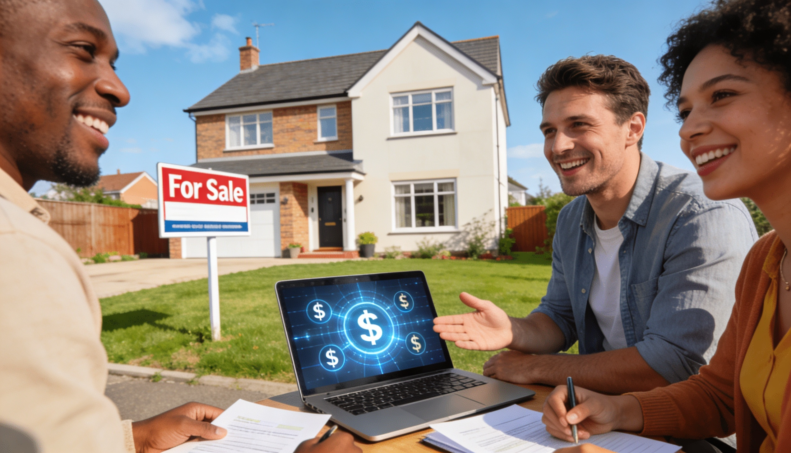 A person using a laptop to transfer money, with a UK property in the background.