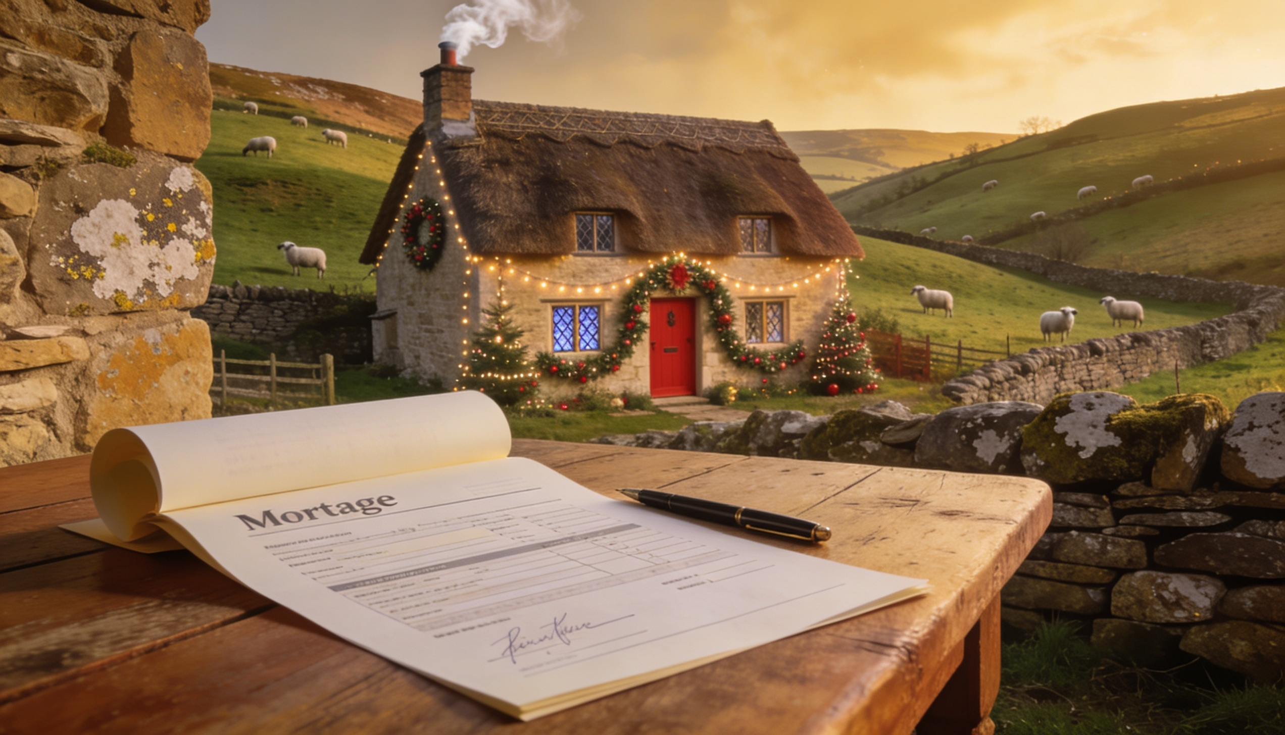 A picturesque Cotswolds cottage with holiday decorations and a mortgage document on a table.