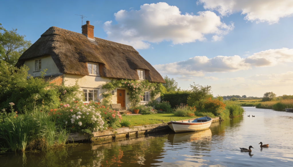 A picturesque holiday let property by the Norfolk Broads with scenic water views and lush greenery.