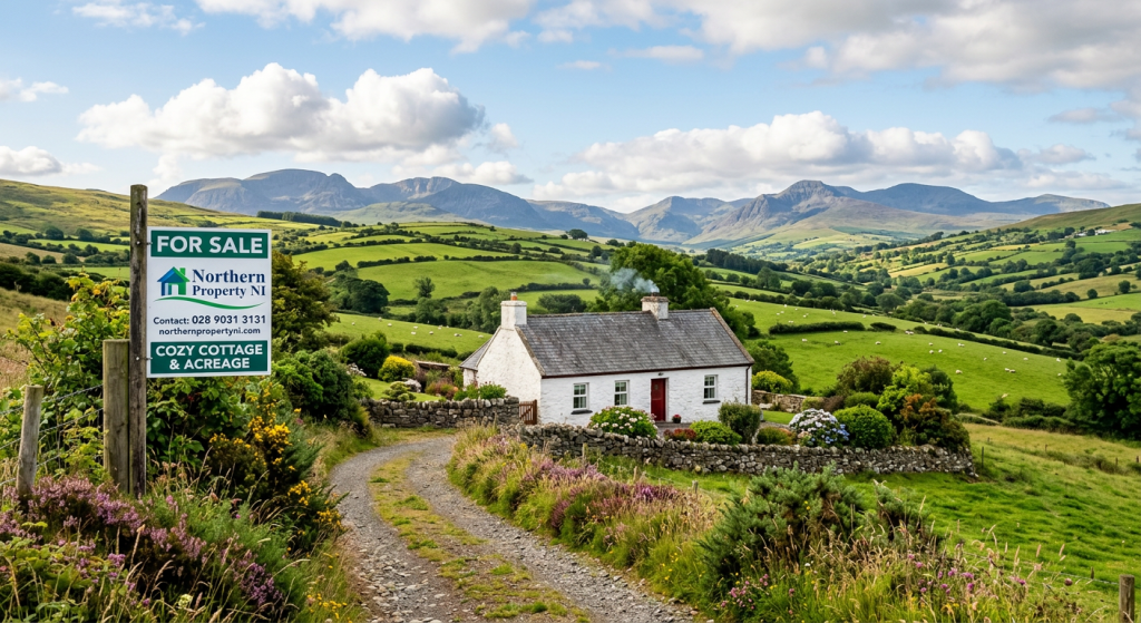 A picturesque view of Northern Ireland with a 'For Sale' sign in front of a house.
