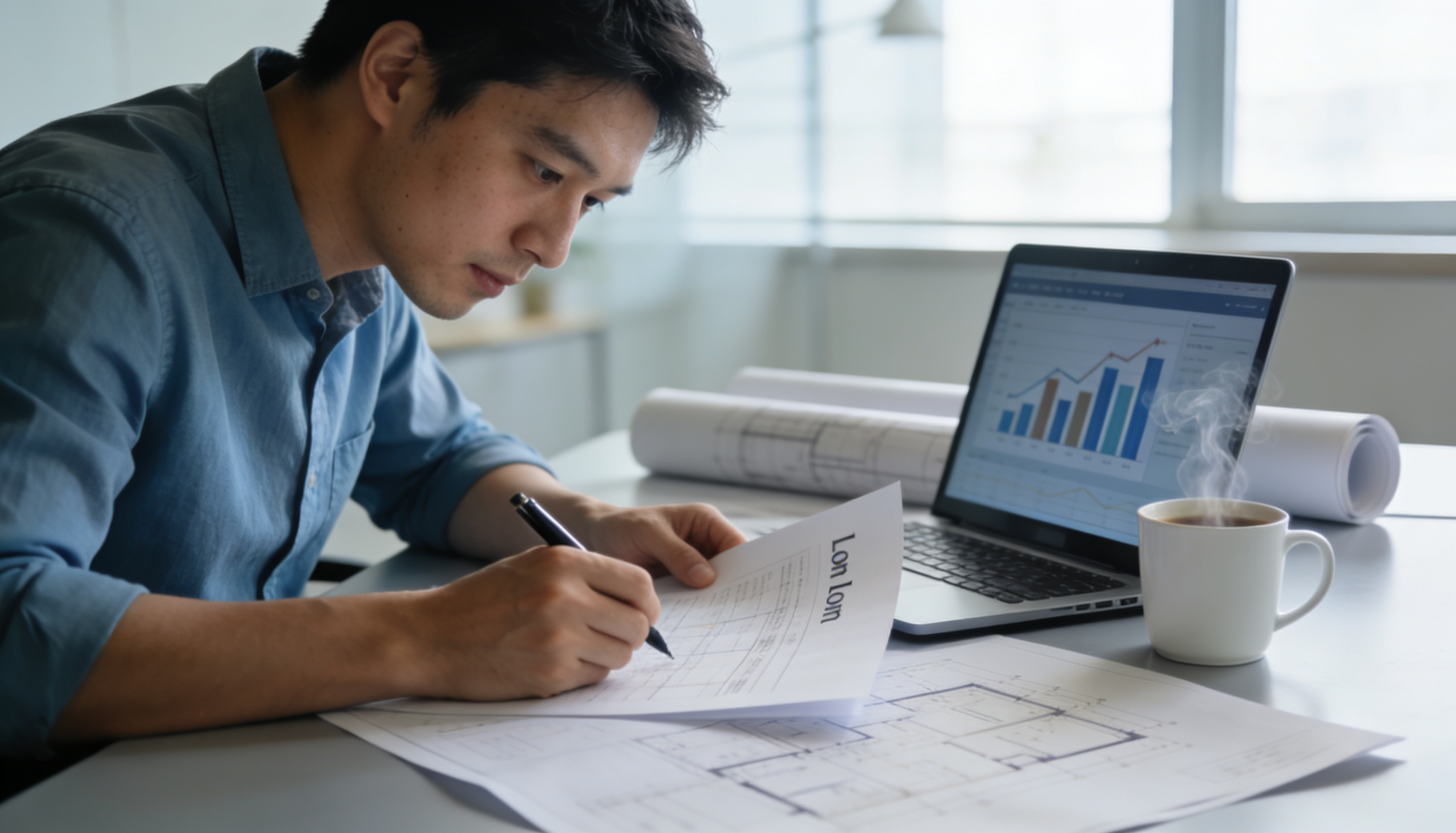 A professional developer reviewing loan documents in a modern office setting.