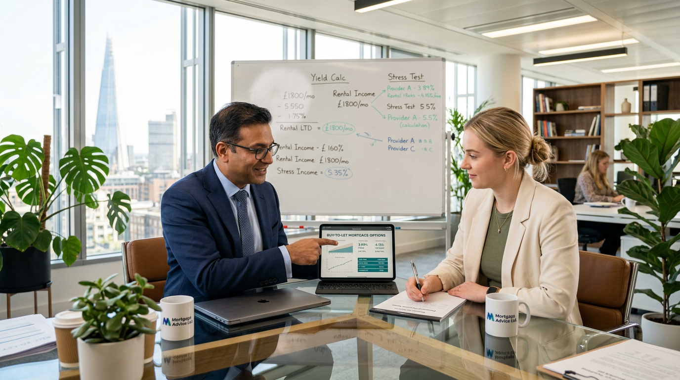 A professional mortgage broker discussing buy-to-let options with a landlord in an office setting.
