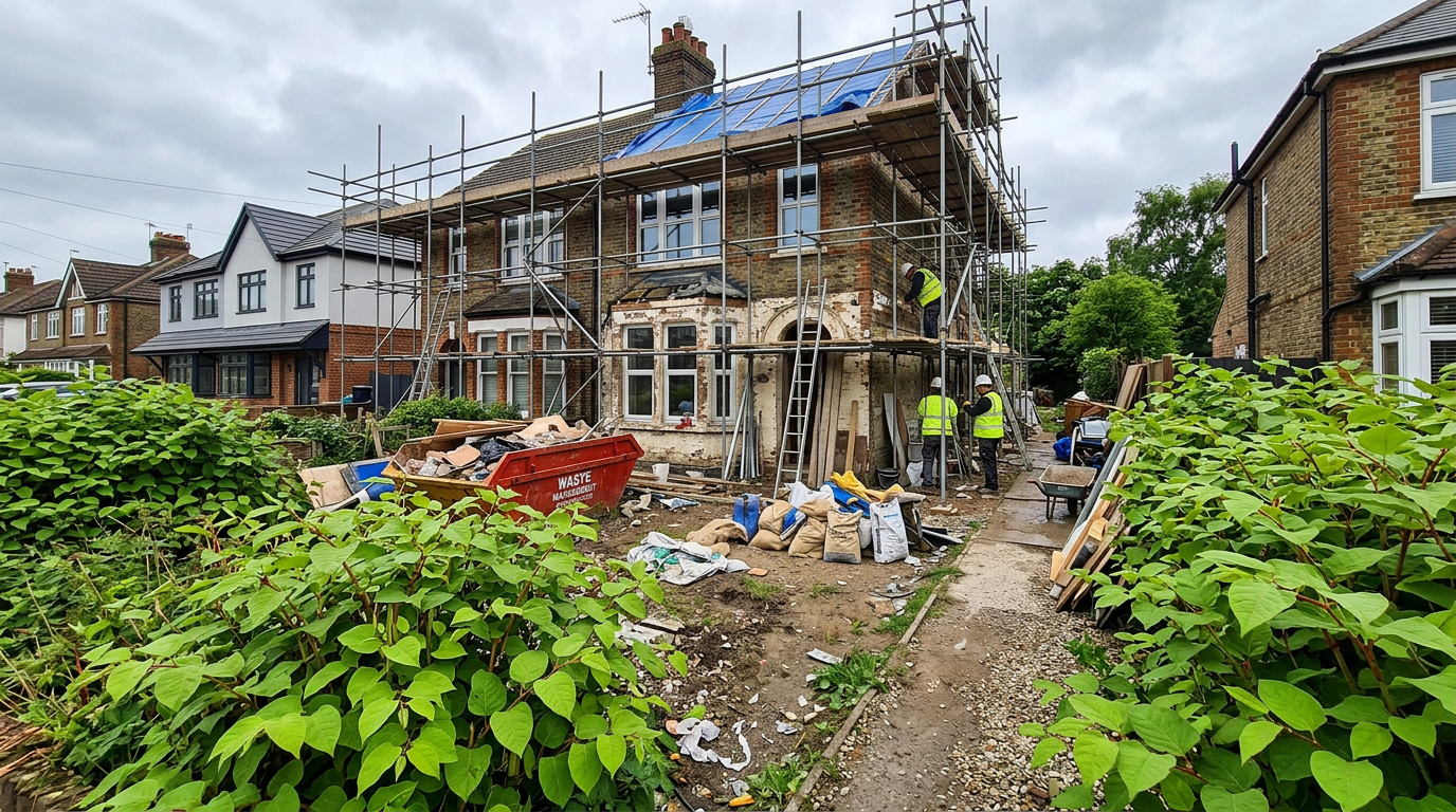 A property with visible Japanese Knotweed surrounding it and construction equipment for refurbishment.