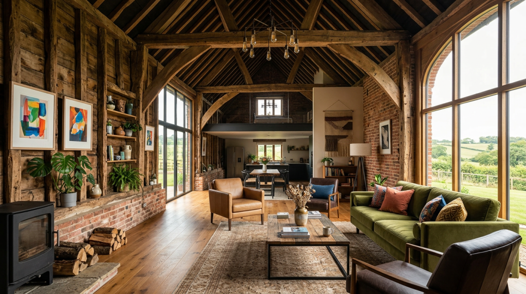 A rustic barn interior with exposed wooden beams and modern furnishings, showcasing a refurbishment process.