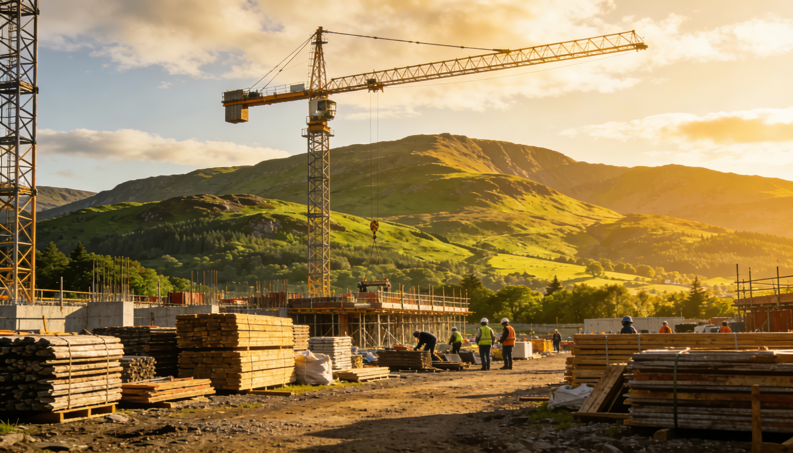 A scenic view of Scottish landscapes with construction site elements, showcasing development and financing themes.