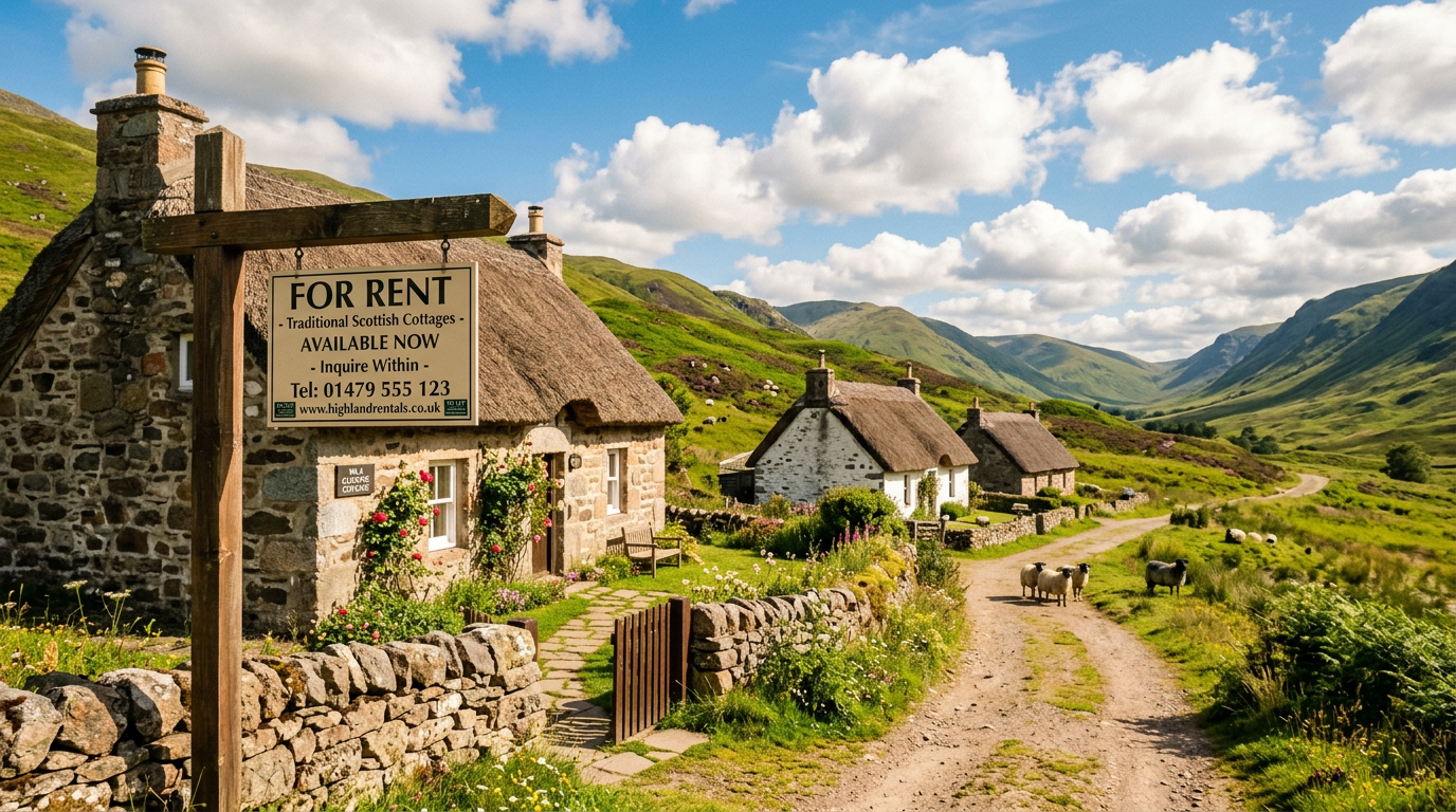 A scenic view of traditional Scottish houses with a 'For Rent' sign in front, surrounded by greenery.