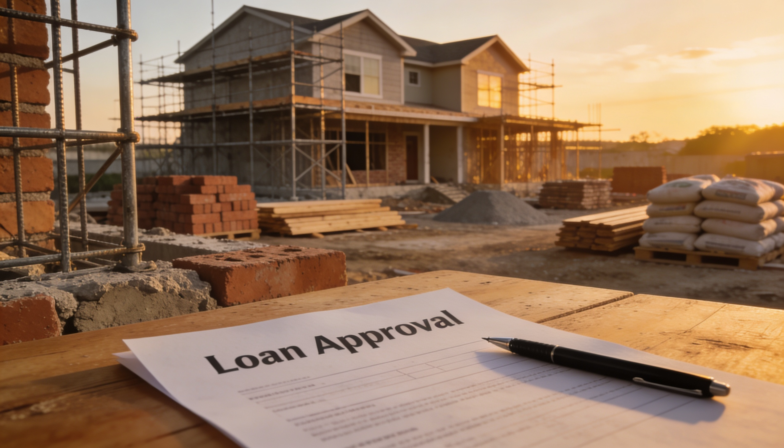 A semi-detached house under construction with scaffolding and a loan approval document nearby.