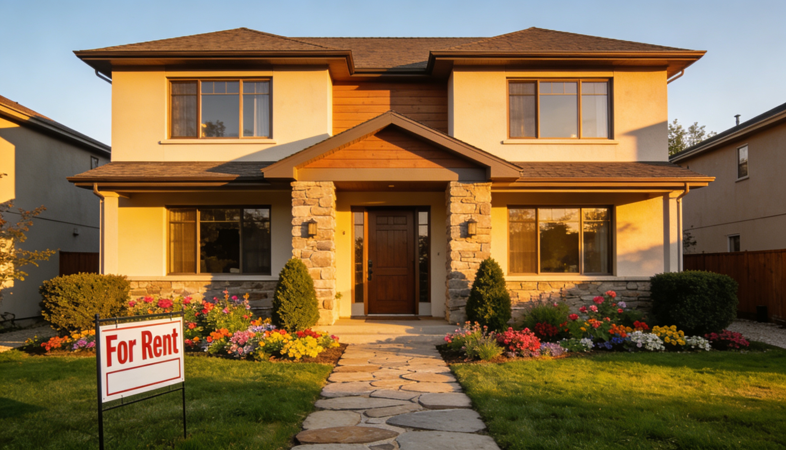 A serene image of a modern home with a 'For Rent' sign, symbolizing property investment for retirement.