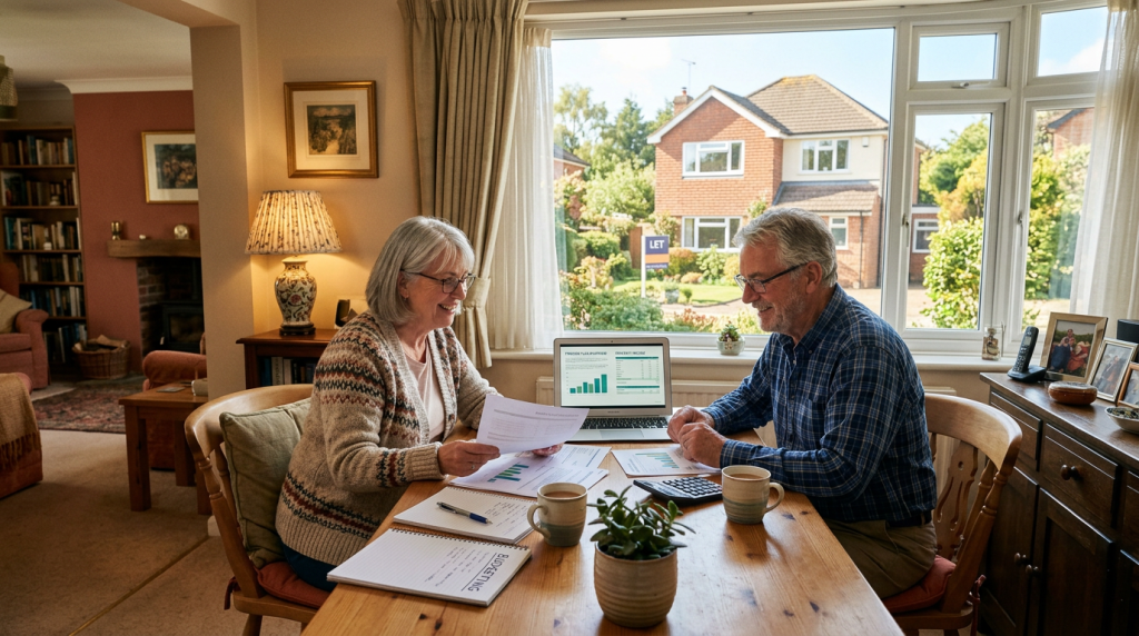 A serene retirement scene featuring a couple reviewing their finances with a buy-to-let property in the background.