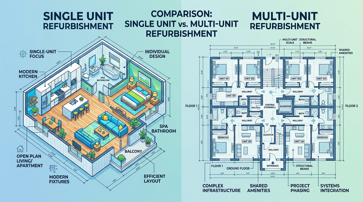 A side-by-side comparison of single unit and multi-unit refurbishment projects with blueprints.