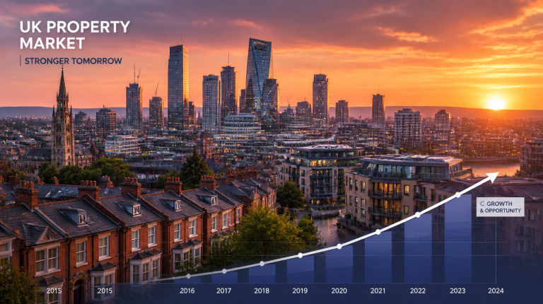 A skyline of UK cities with various property types, symbolizing the property market forecast.