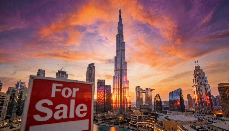 A skyline view of Dubai with modern buildings and a 'For Sale' sign in the foreground.