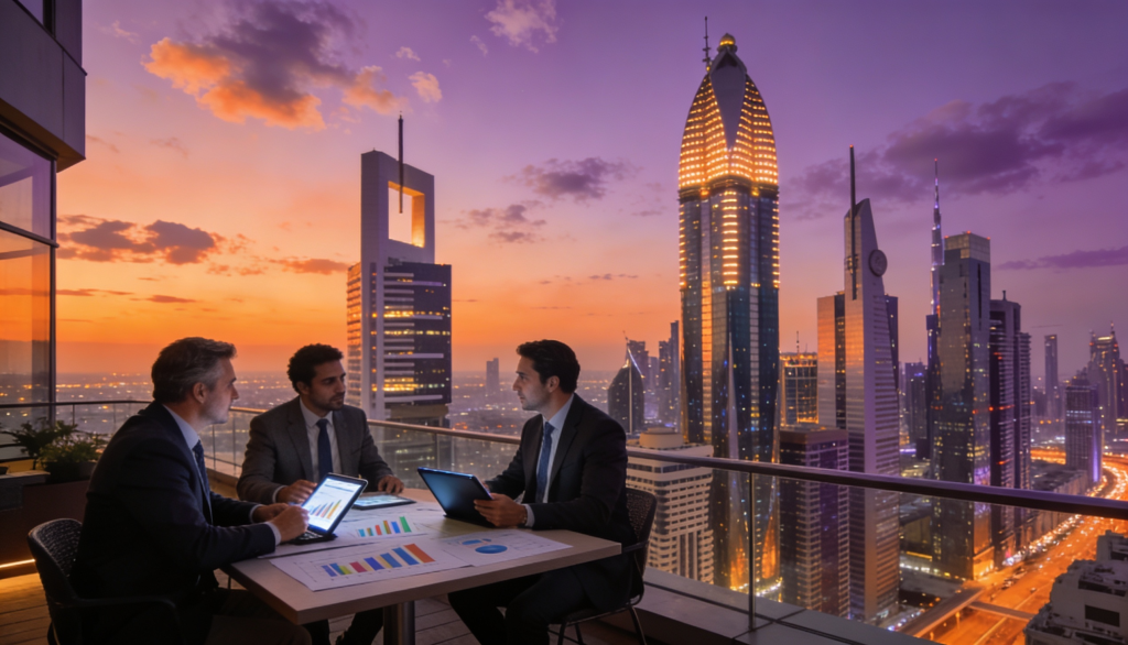 A skyline view of Dubai with modern skyscrapers and a vibrant sunset, symbolizing investment opportunities.