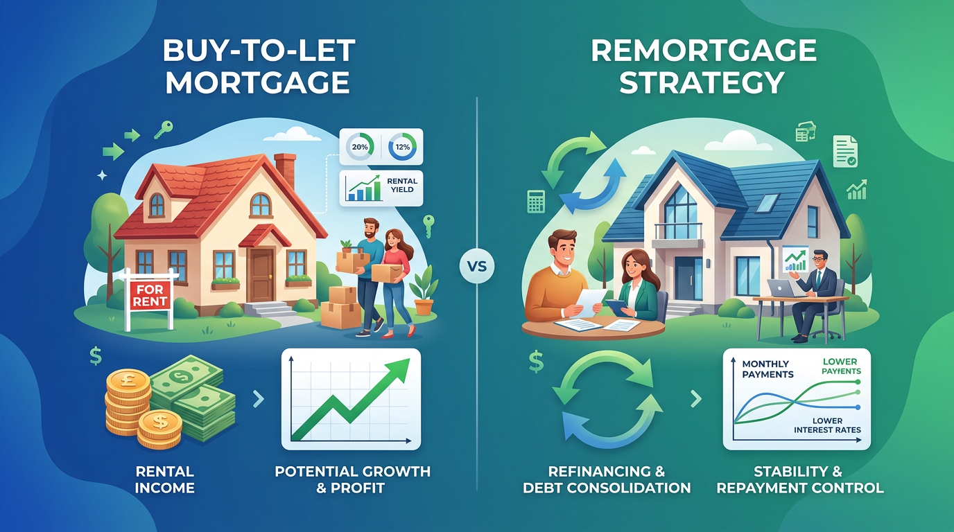 A split image comparing a BTL mortgage and remortgage strategies with house icons and financial charts.