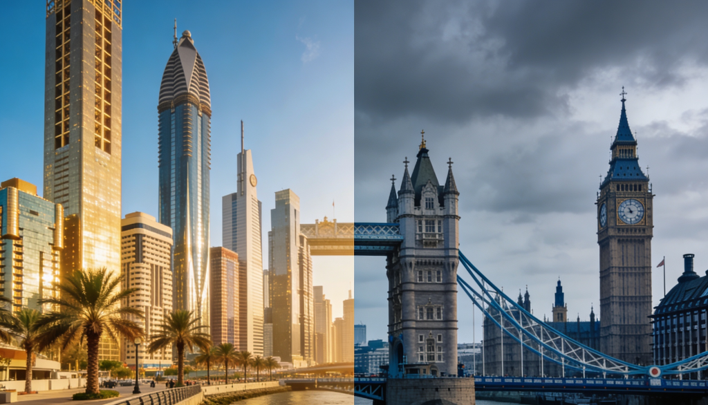 A split image showing Dubai's skyline and London's iconic landmarks.