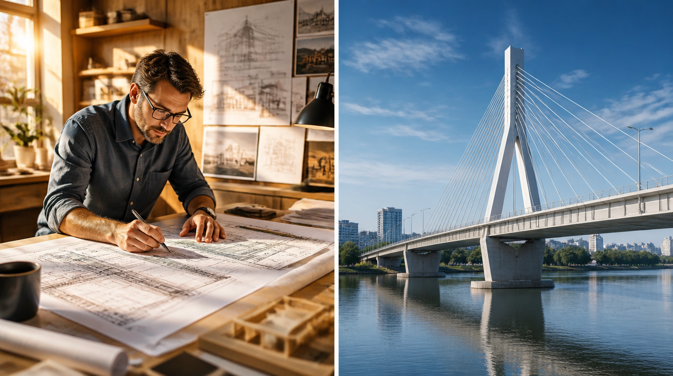 A split image showing a developer with blueprints and a house under construction, contrasting with a bridge.