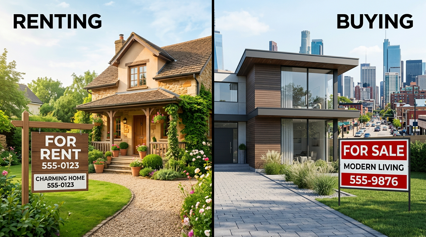 A split image showing a house for rent on one side and a house for sale on the other, illustrating mortgage options.