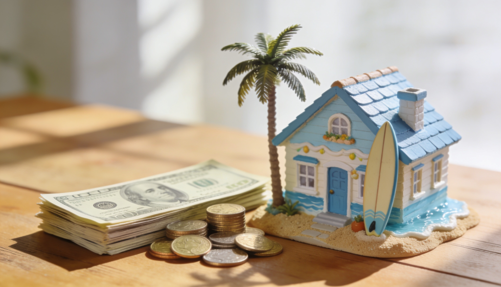A stack of money next to a miniature house, symbolizing holiday let mortgage deposits.