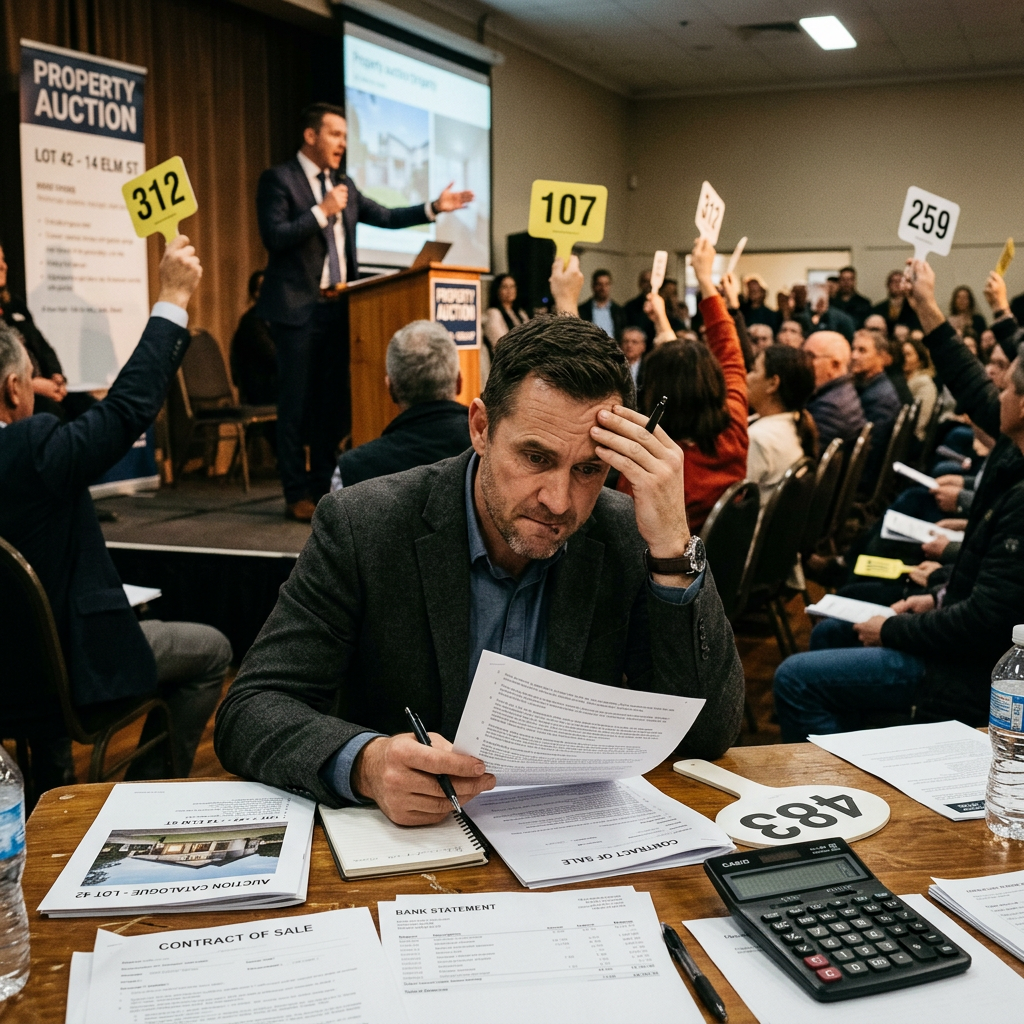 A stressed bidder reviewing property auction documents with a calculator and a bank statement.