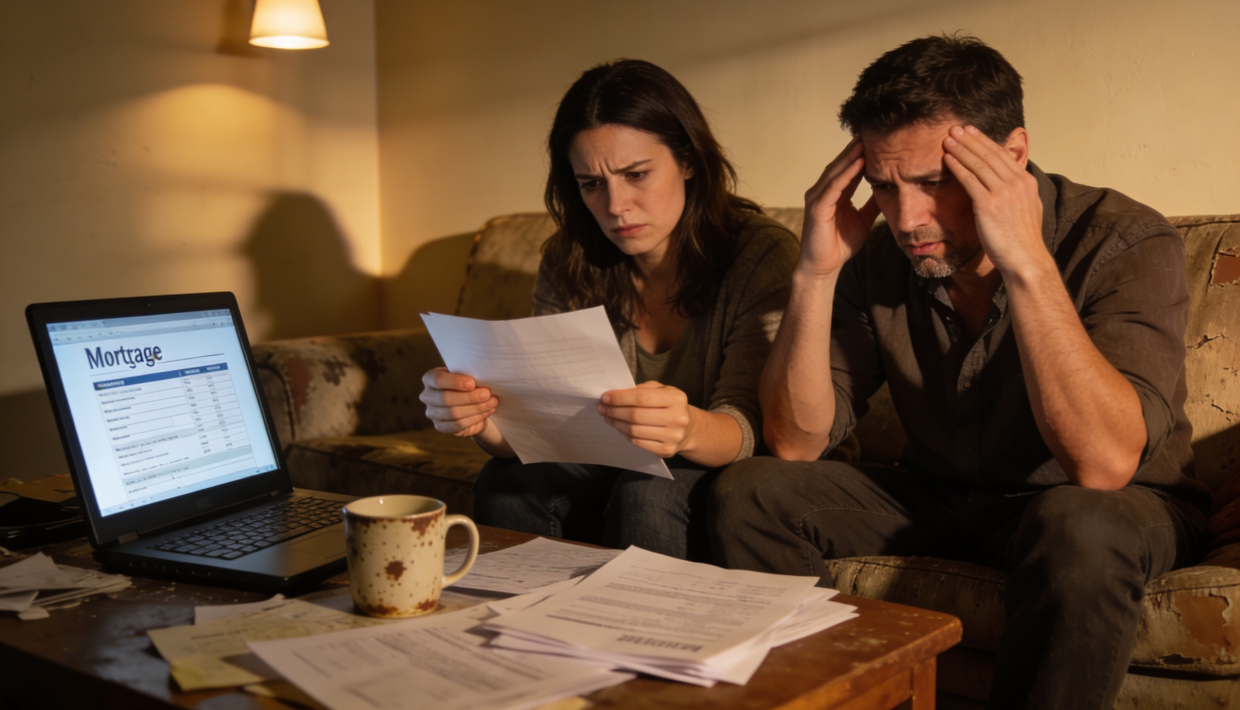 A stressed couple reviewing mortgage papers in a cozy living room.