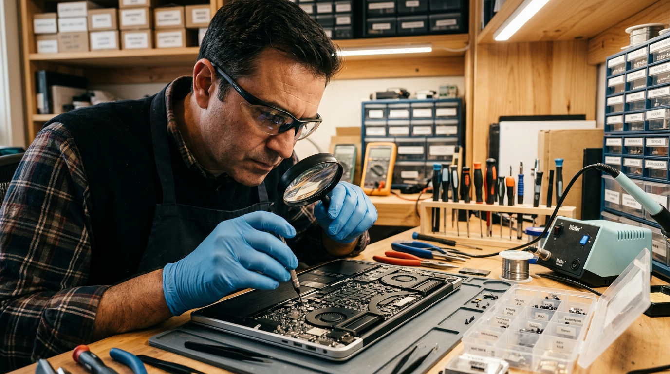 A technician inspecting a refurbished electronic device with tools and parts organized on a workbench.