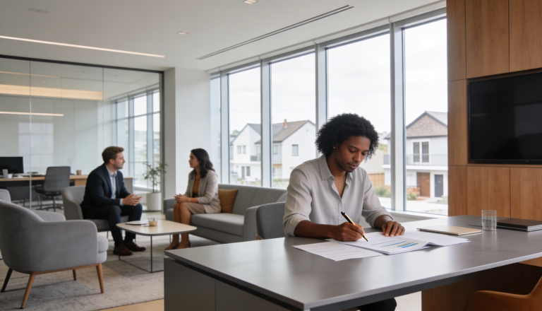 A thoughtful person reviewing property finance options with a broker in an office setting.