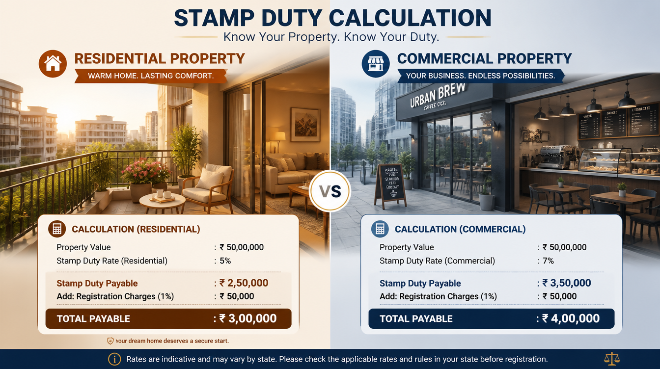 A visual comparison of residential and commercial properties with stamp duty calculations.