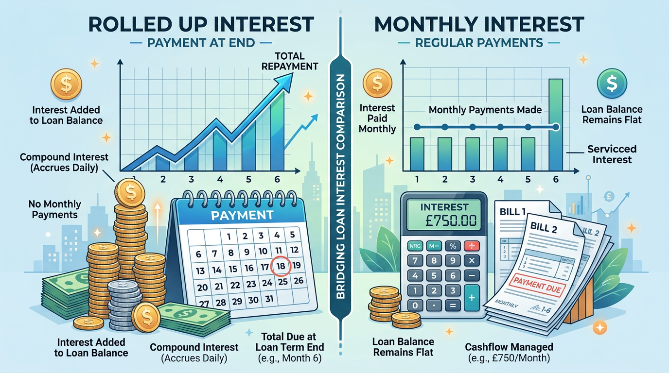 A visual comparison of rolled up and monthly interest calculations on bridging loans.