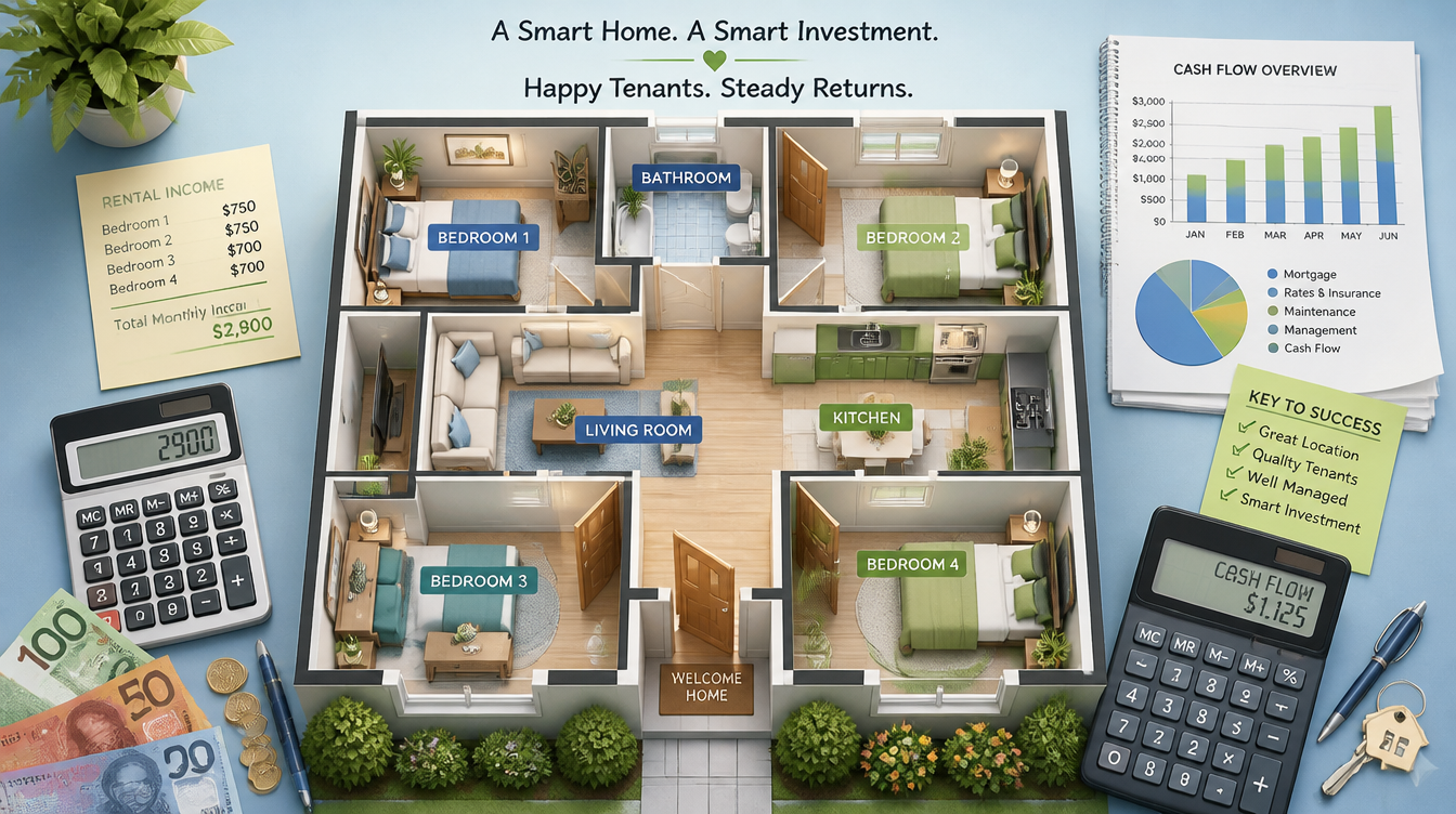 A visual guide to HMO mortgages with a house layout and financial symbols.