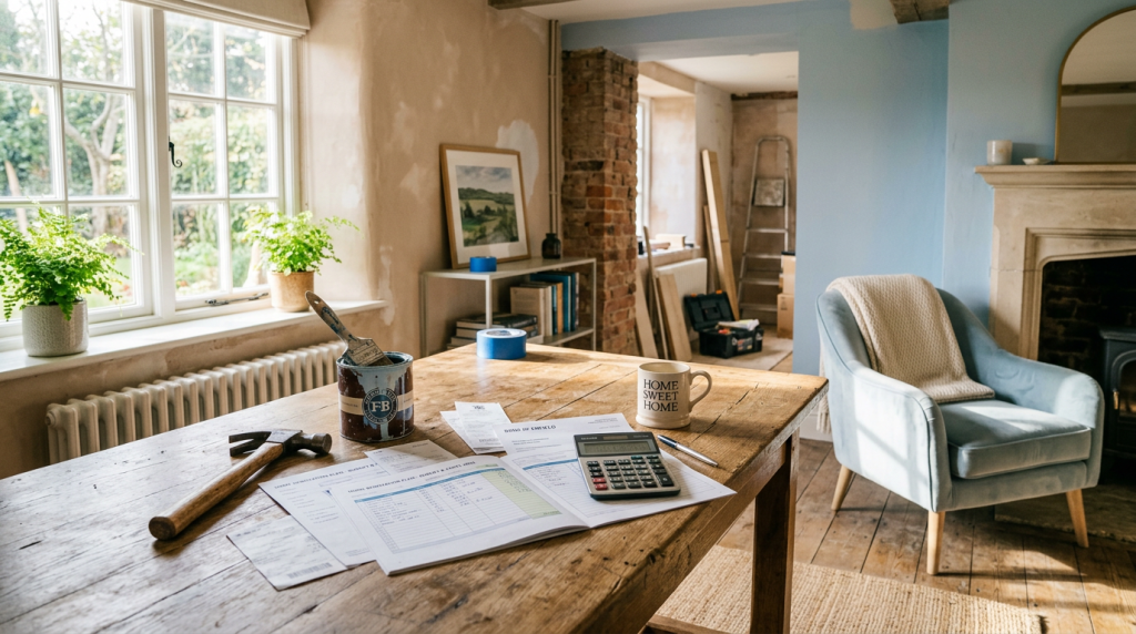 A visual representation of a house renovation with financial documents and tools, symbolizing a bridging loan.
