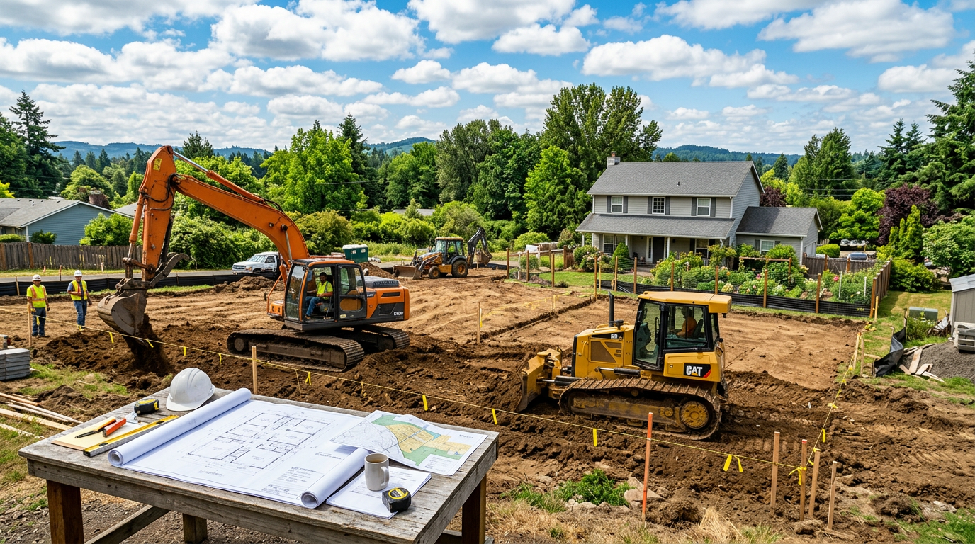 A visual representation of a residential property split with construction equipment, greenery, and blueprints.