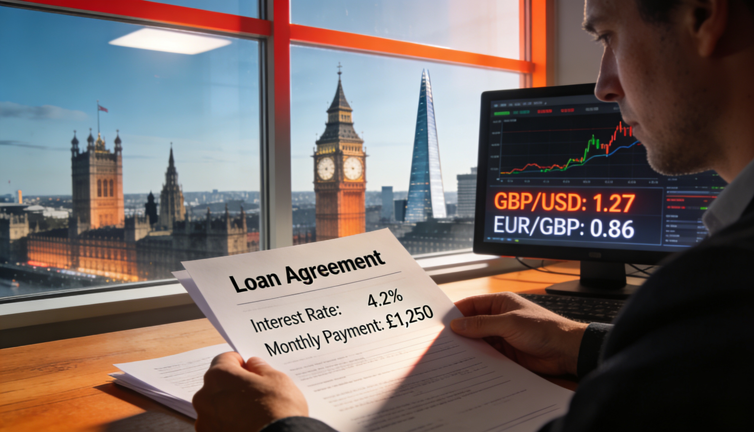 A visual representation of fluctuating exchange rates impacting a UK mortgage application process.