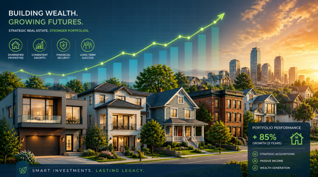 A visual representation of multiple houses with a financial graph overlay illustrating portfolio management.