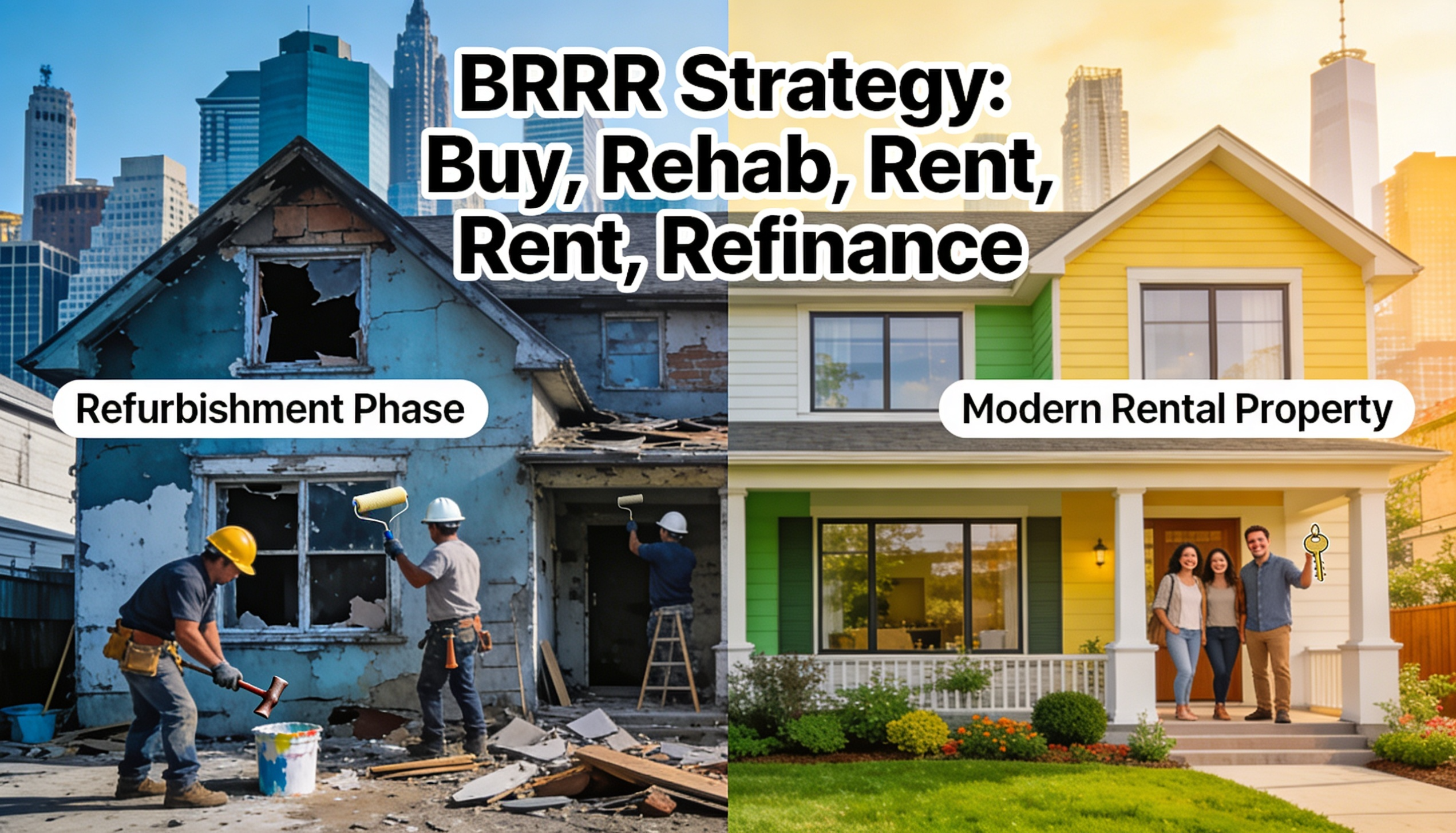 A visual representation of the BRRR strategy in real estate, showing a house undergoing refurbishment.