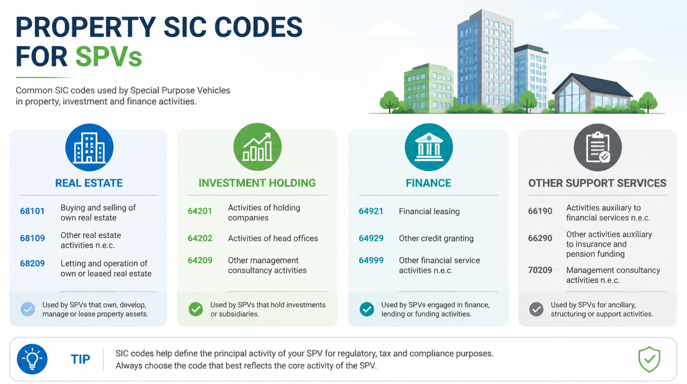 A visual representation of various SIC codes with property-related icons and symbols.