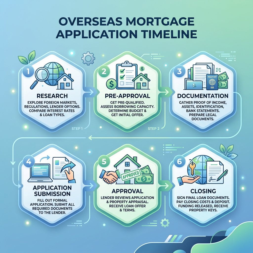 A visual timeline showing key steps in an overseas mortgage application process.
