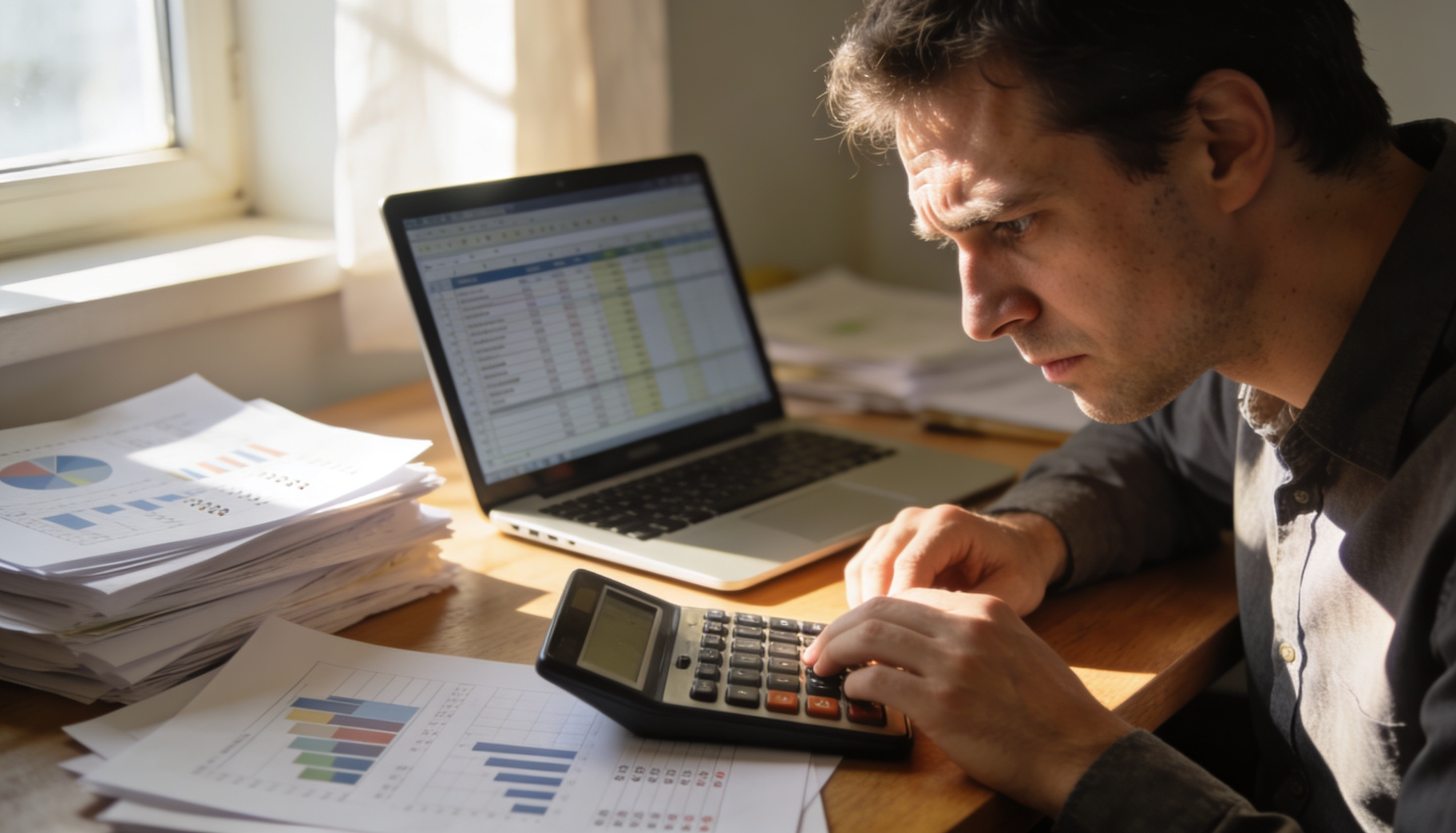 A worried business owner reviewing financial documents with a calculator and a laptop.