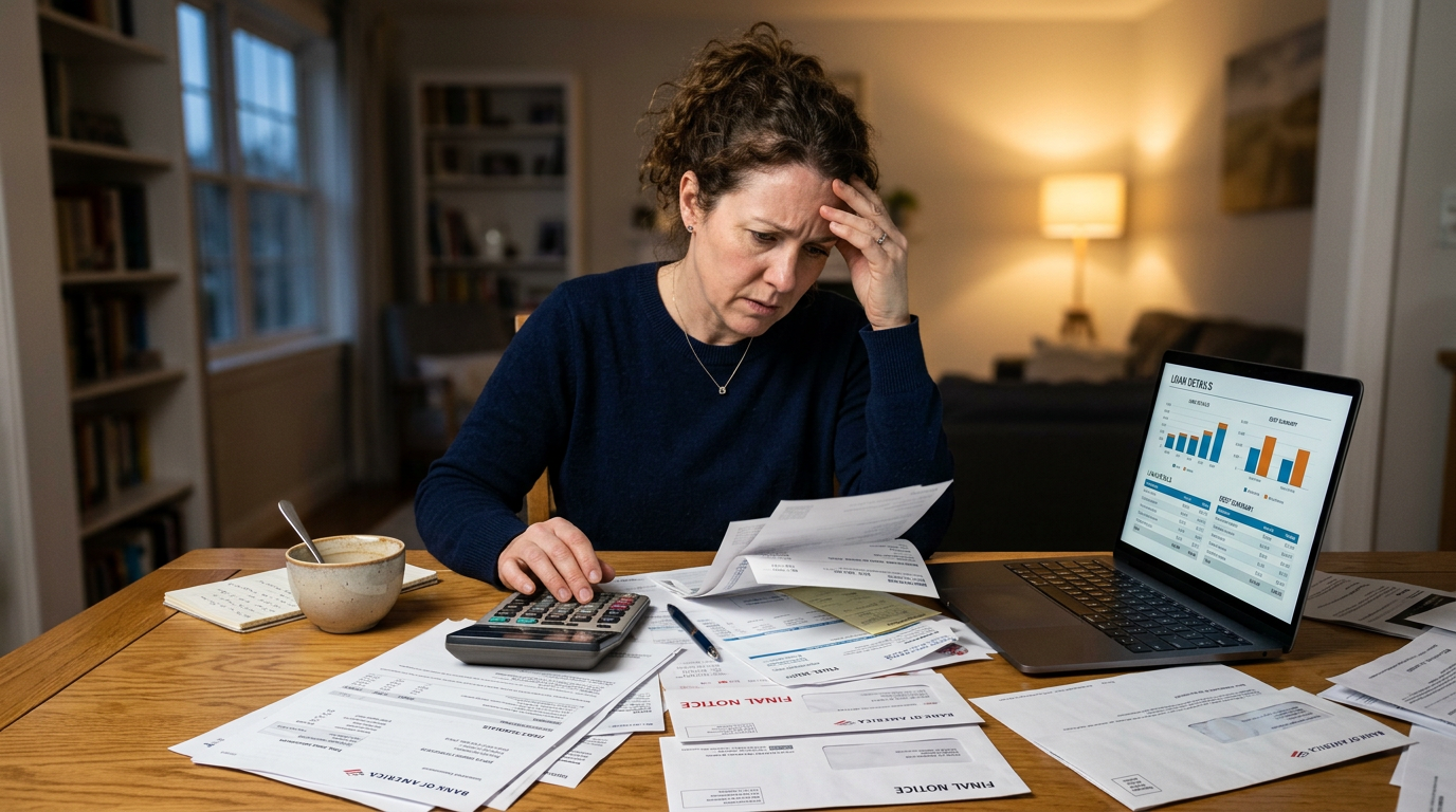 A worried person reviewing financial documents about bridging loans with a calculator.