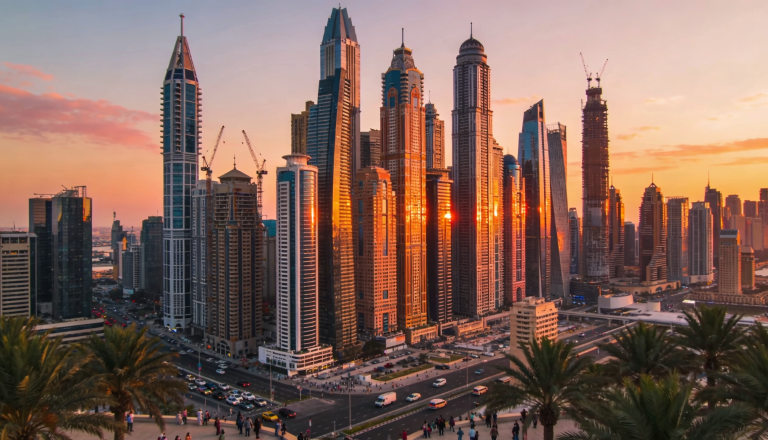Aerial view of Dubai skyline with luxury properties and construction sites, showcasing investment opportunities.