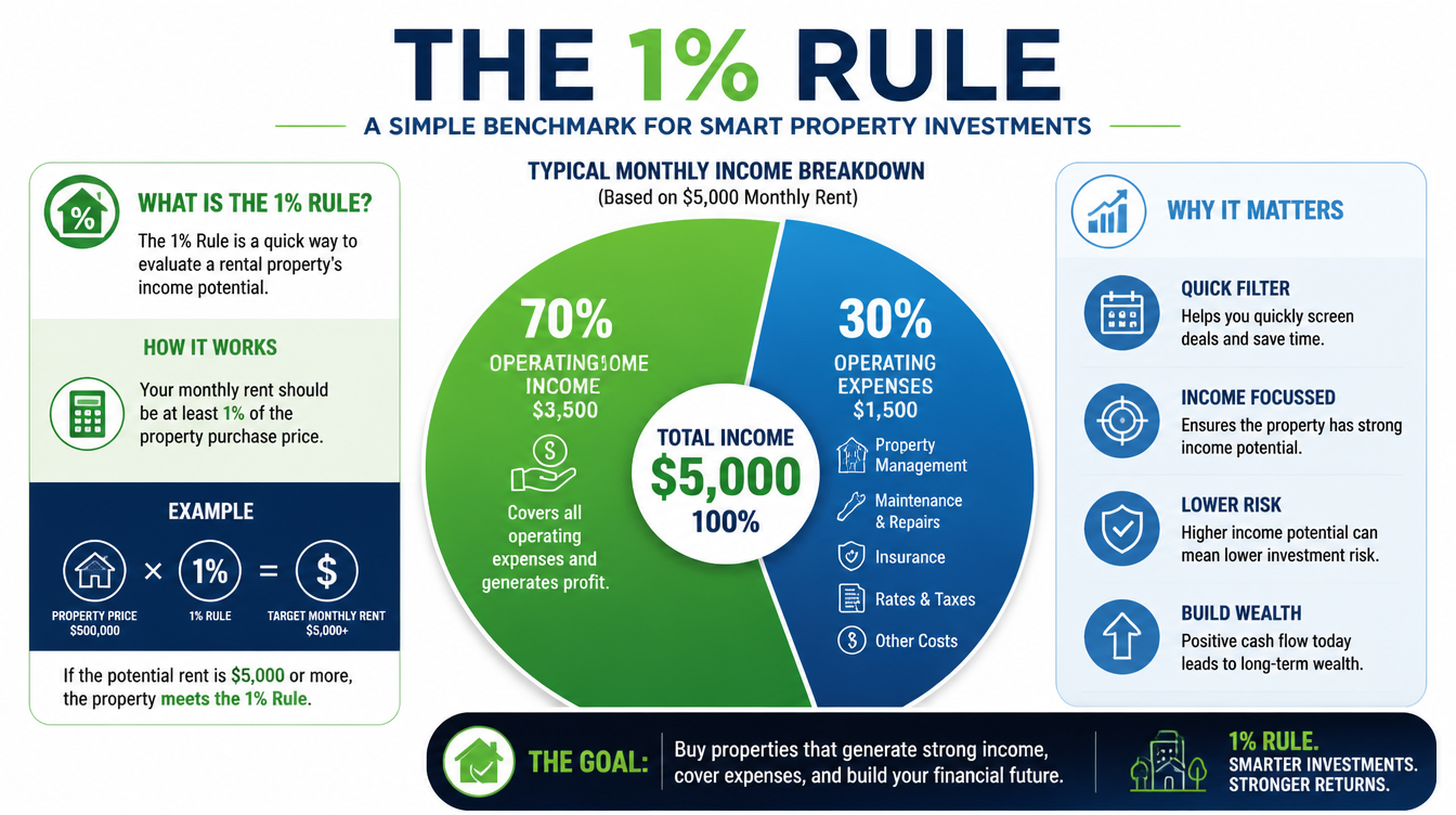 An infographic explaining the 1% rule in property investment with charts and statistics.