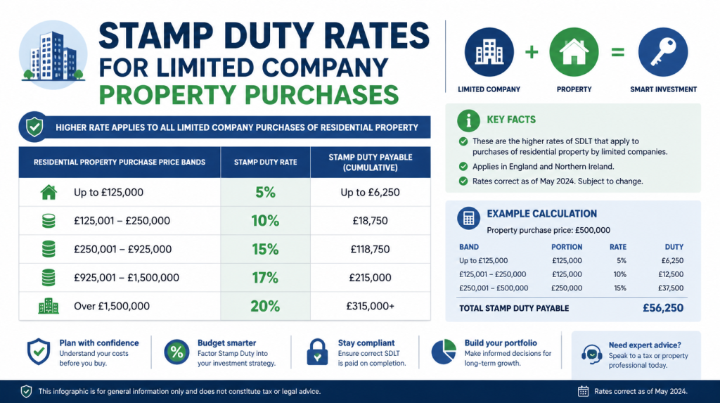 An infographic illustrating stamp duty rates for limited company property purchases.