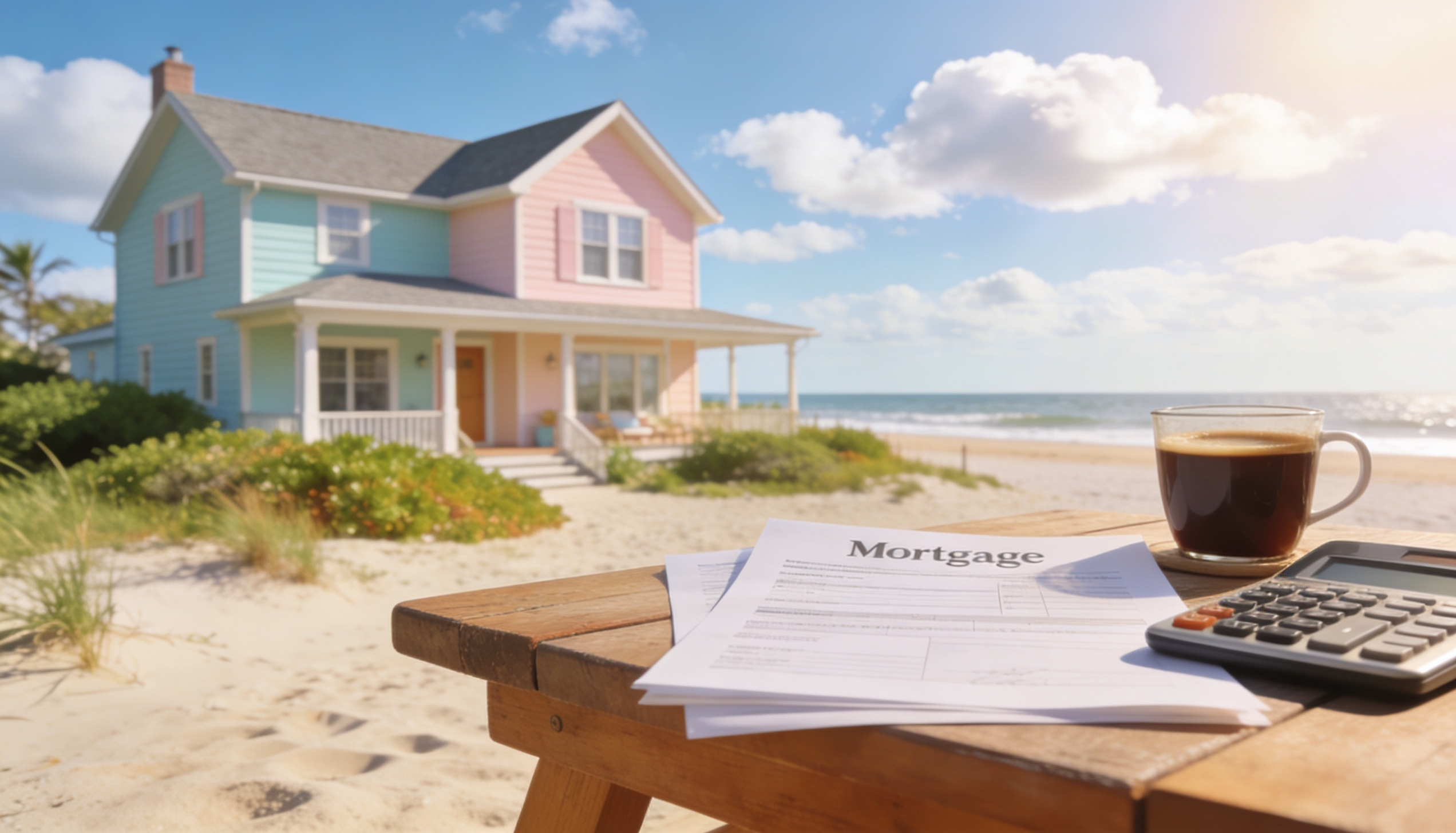 Coastal property with a 'For Rent' sign and mortgage documents on a table.