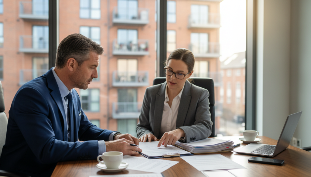 Landlord discussing leasehold BTL mortgage options with adviser