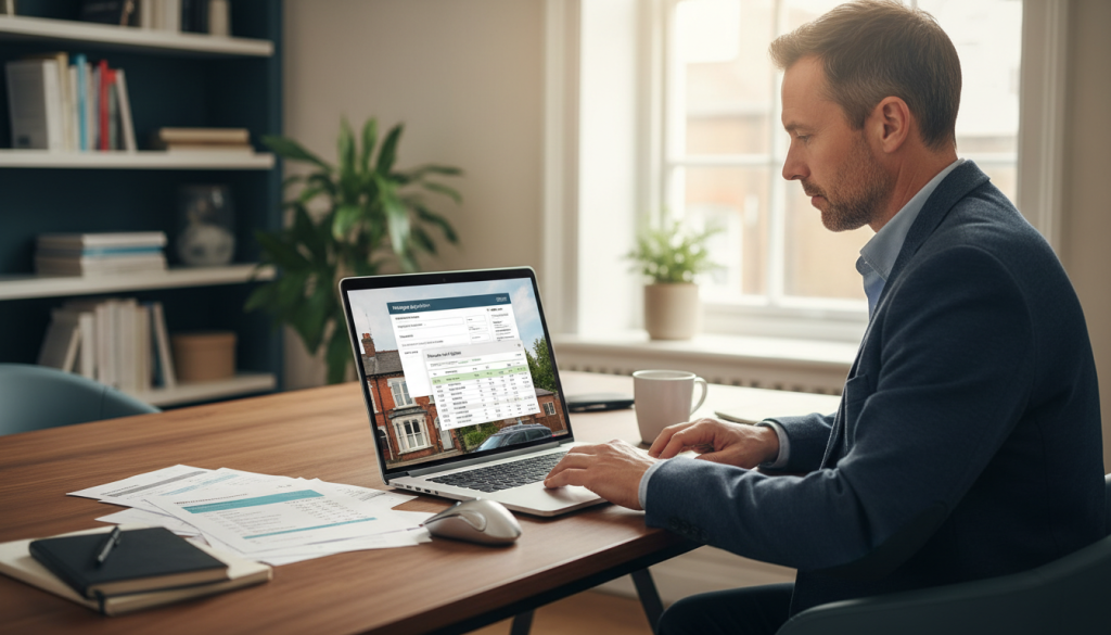 Landlord reviewing a buy to let mortgage application with bad credit and rental income documents.
