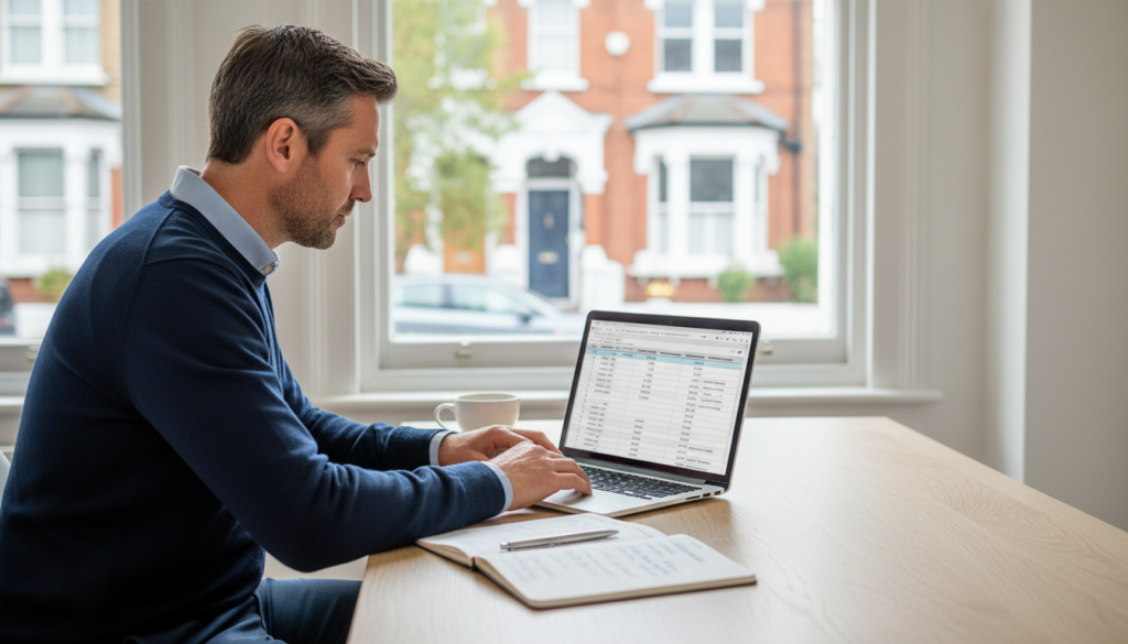 Landlord reviewing buy to let mortgage tax and rental income figures for a UK property investment