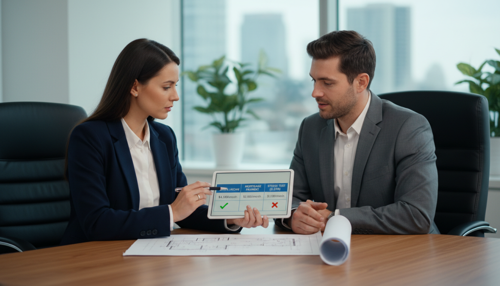 Mortgage broker explaining buy to let rental stress testing and affordability to a landlord.