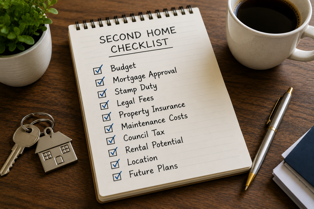 Second home buyer checklist covering budget, mortgage, stamp duty and legal fees